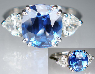 Cushion cut unheated sapphire & heart cut diamond ring in platinum