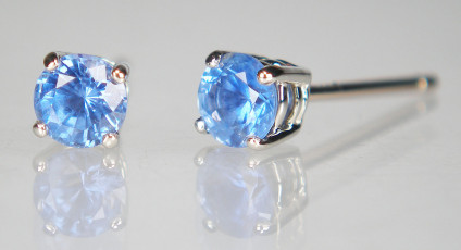 4mm round sapphire studs in 9ct white gold - Bright baby blue sapphire round pair weighing 0.60ct set in 9ct white gold earstuds. Sapphires measure 4mm round.