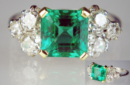 Emerald & diamond ring in platinum - 2.5ct square emerald cut emerald of exceptional clarity, set with 1.5ct of old mine cut diamonds in platinum. This ring is pre-loved, it has been carefully inspected by our gemmologist and goldsmith and comes with a 6 months Just Gems warranty.