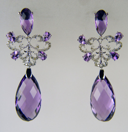 Amethyst & diamond earrings in 18ct white gold - 21.02ct briolette amethysts set with 0.35ct diamonds in 18ct white gold