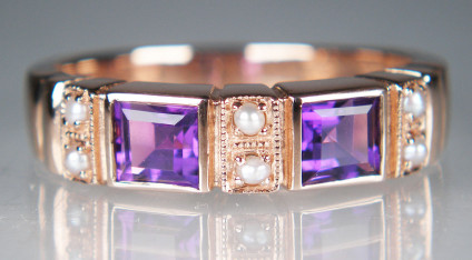Amethyst & seed pearl ring in 9ct rose gold - Vintage style amethyst & seed pearl ring in 9ct rose gold