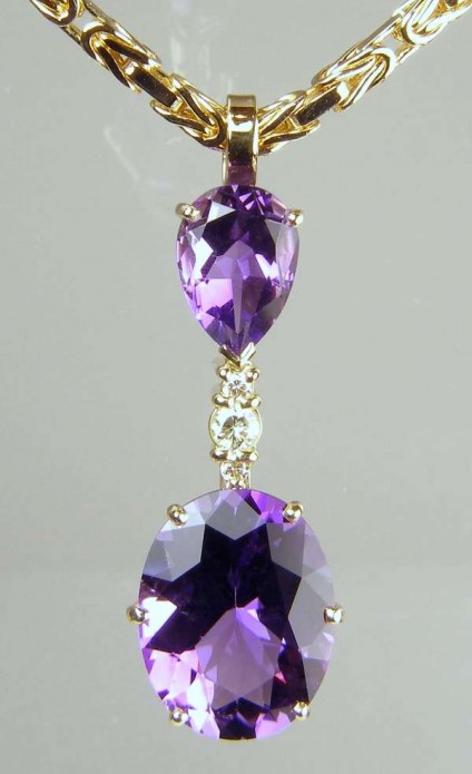 Amethyst & Diamond Pendant - Oval and pearl cut amethysts set with diamonds in 18ct yellow gold