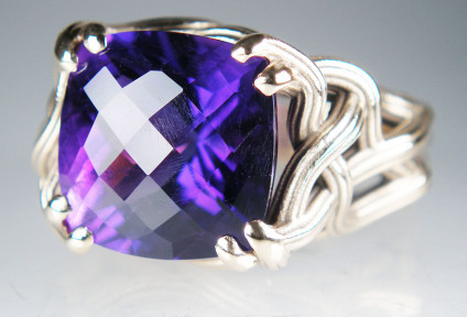 Amethyst ring in 9ct yellow gold - Spectacular chequerboard cut amethyst weighing 8.19ct set in the customer's own recycled 9ct yellow gold in an intriguing vine inspired setting