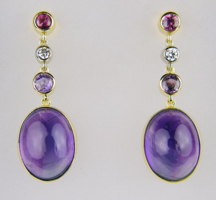 Amethyst, sapphire & diamond drop earrings - 20.78ct pair of oval cabochon amethysts set with 1.26ct purple & pink sapphire rounds and 0.20ct round brilliant cut diamonds in F colour VS clarity, mounted in 18ct white and yellow gold