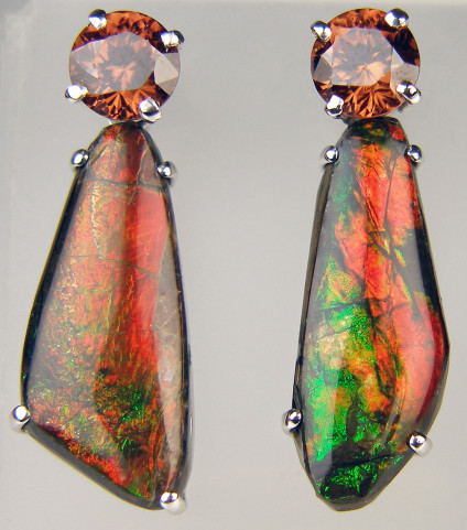 Ammolite & zircon earrings in 9ct & 18ct white gold - 5.5mm round reddish orange natural zircons set as earstuds in 18ct white gold, with detachable ammolite drops in 9ct white gold. The studs and drops can be purchased separately for £395 and £540 respectively