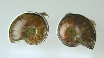 Opalised ammonite cufflinks in silver - Madagascan opalised ammonites set in silver frames as cufflinks