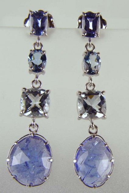 Tanzanite, sapphire & aquamarine earrings - Beautiful drop earrings in 18ct white gold set with 2.05ct sapphire cushion cut pair, 1.31ct dark aquamarine oval pair, 3.83ct palest aquamarine cushion cut pair and 9.26ct faceted tanzanite slice pair, all mounted in 18ct white gold