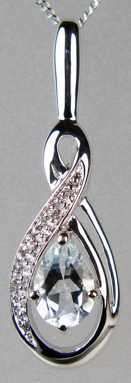 Aquamarine & diamond pendant in white gold - Delicate pear cut aquamarine set with diamonds in 9ct white gold pendant, suspended from 9ct white gold 18" chain