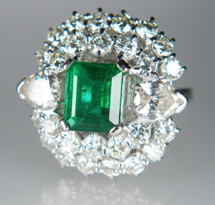 Colombian emerald & diamond ring in 18ct white gold - 3ct octagonal emerald set with 3.6ct pear cut and round brilliant cut diamonds in 18ct white gold
