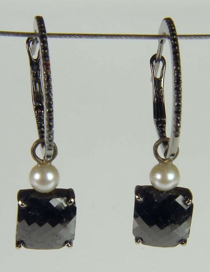 Black diamond and pearl drop earrings - 3.73ct black diamond pair set with seed pearls and suspended as detachable drops from 0.28ct black diamond hoop earrings in 18ct blackened gold