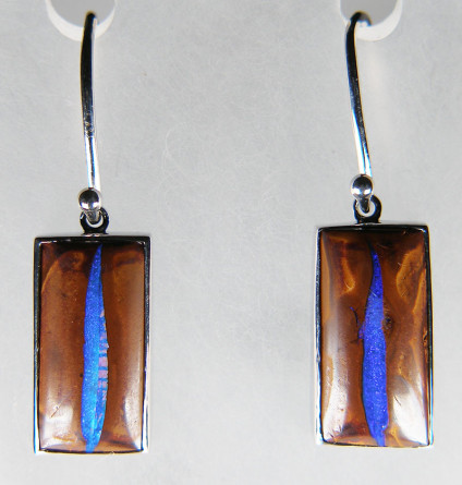Boulder opal drop earrings in silver - 20.96ct pair of boulder opals from Queensland in Australia, rubover in set in silver suspended from silver hooks. The opals are 10x18mm.