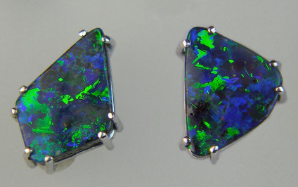 Boulder opal earstuds - 4.10ct Australian boulder opal pair, claw set and mounted in 14ct white gold