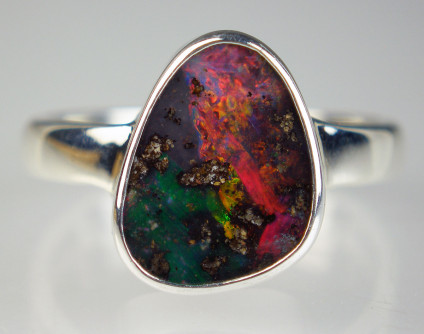 Boulder opal ring in silver - Fiery red boulder opal from Queensland, Australia, rubover set in a silver ring