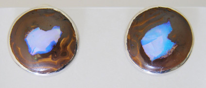 Boulder opal round earstuds in silver - 15mm diameter rubover set boulder opal pair in silver earstuds weighing 17.73ct