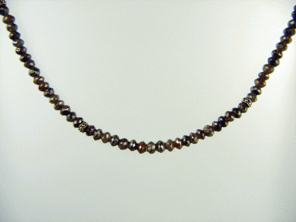 Brown Diamond Necklace - 35ct of graduated brown diamond beads set with 18ct rose gold beads and 14ct rose gold clasp. Necklace is 45.5cm long and diamond beads are 2.2-3.5mm in diameter.