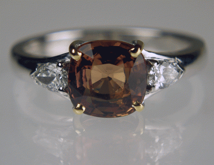Brown Sapphire Ring - 1.98ct brown sapphire set with a pair of 0.19ct pear cut diamonds set in 18ct white and yellow gold