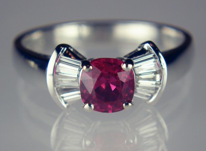 Burmese ruby and diamond ring in 18ct white gold - Exquisite, bright and very clean, Burmese cushion cut ruby 0.85ct set with 0.26ct of tapered baguette cut diamonds in 18ct white gold ring. This is a beautiful ring, Helen Plumb bought the ruby in Myanmar in 2017.