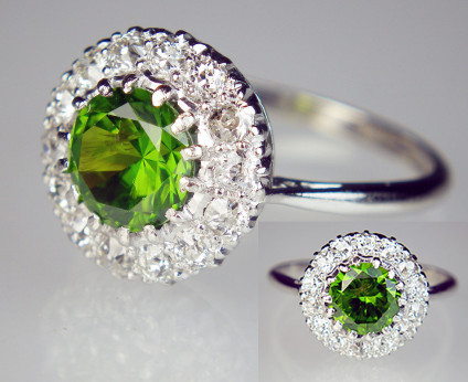 Demantoid garnet & diamond ring in platinum - 1ct round demantoid garnet 6.2mm round (with horsetail inclusions of byssolite), set with 0.33ct of old cut diamonds, mounted in platinum. This ring is pre-loved, it has been carefully inspected by our gemmologist and goldsmith and comes with a 6 months Just Gems warranty.