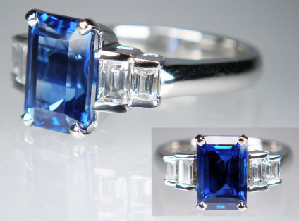 Octagonal cut blue sapphire with baguette cut diamond shoulders in platinum - 3.38ct octagonal sapphire, top quality rich royal blue colour, flanked by two pairs of baguette cut diamonds in G colour SI clarity, total diamond weight is 0.53ct, mounted in platinum ring. Ring is wedfit.