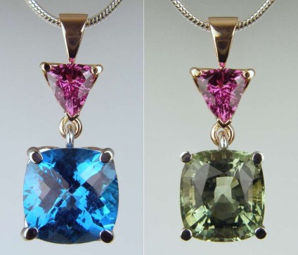 Pink sapphire pendant with detachable gemset drops - 1.77ct trillion cut pink sapphire set in 18ct rose gold with detachable drops of blue topaz and green aquamarine in white gold