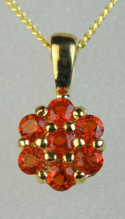 Fire opal cluster pendant - Dainty pendant of round cut fire opals in 9ct yellow gold with 18" 9ct yellow gold chain