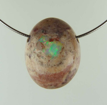 Opal nodule pendant - Oval Mexican opal nodule suspended from 18ct white gold cable