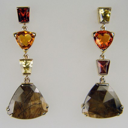 Gold sheen sapphire & citrine earrings - 15.98ct gold sheen sapphire pair mounted with warm toned citrines in 9ct yellow gold