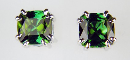 Green tourmaline earstuds - 1.8ct pair of cushion cut green tourmalines set in 18ct white gold as stud earrings