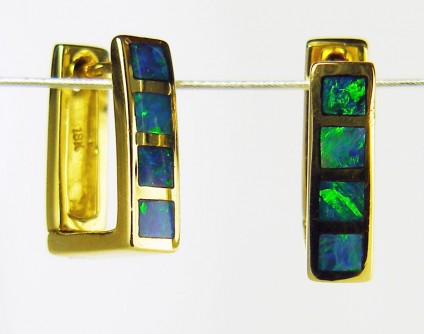Inlaid Black Opal Earrings - Black Opal hoop earrings in 18ct yellow gold