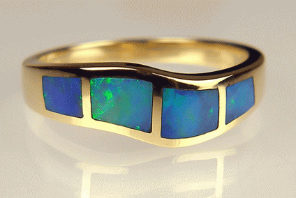 Inlaid Black Opal Wavy Ring - Inlaid Australian ring in 14ct yellow gold