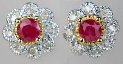Ruby & diamond cluster earstuds in 9ct white & yellow gold - Ruby & diamond cluster earstuds in 9ct white and yellow gold. Earstuds are 7.5mm in diameter.