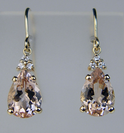 Morganite & diamond earrings - Delicate pale peach morganites weighing 3.47ct the pair, set with a tiny cluster of little diamonds totalling 0.06ct in 9ct rose gold