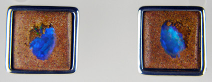Wood opal earstuds in silver - Wood opal square cabochons in sandstone, set in silver as stud earrings. Earstuds are 15mm square.