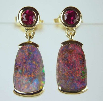 Ruby & boulder opal earrings - 0.22ct ruby earstuds with detachable drops of Queensland boulder opal in 18ct yellow gold