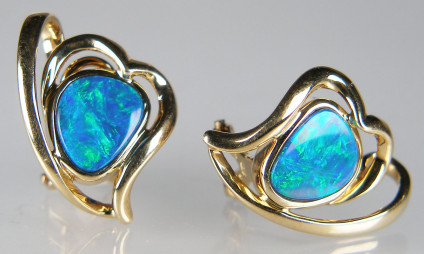Pretty heart shaped earclip & post doublet opal earrings - Bright blue and green doublet opal set in pretty heart shaped eardrops with clip and post fittings. Earrings measure 19 x 15mm.