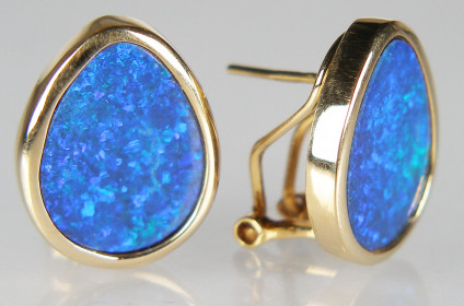 Opal doublet post & clip earrings in 14ct yellow gold - Matched pair of opal doublet post and clip earrings in 14ct yellow gold. Earrings measure 13 x 16mm.