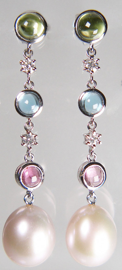 Pearl & multigem eardrops in 18ct white gold - Pearl drops suspended from rubover set cabochon peridot, pink tourmaline & blue topaz cabochons with small brilliant cut diamond eardrops. Earrings are 45mm long.