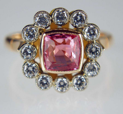 Pink sapphire & diamond ring in rose gold - Cushion cut pink sapphire set with x ccts of diamonds in 18ct rose gold