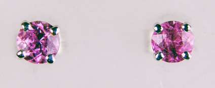 4mm round pink tourmalines in 9ct white gold earstuds - 0.63ct round cut pink tourmalines mounted in 9ct white gold earstuds. Tourmalines are 4mm in diameter.