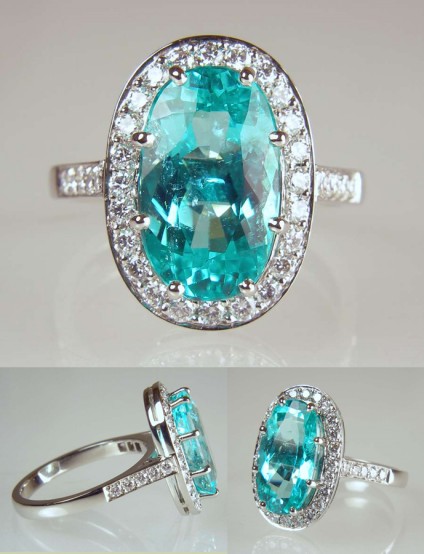 Paraiba tourmaline & diamond ring in platinum - 4.02ct oval cut Paraiba type, cuprian elbaite tourmaline set with 0.51ct E colour VS clarity diamonds in platinum