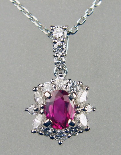 Ruby & diamond cluster pendant in platinum - Delicate pendant of 0.43ct ruby & 0.50ct diamonds set in platinum and suspended from an 18" platinum fine trace chain
