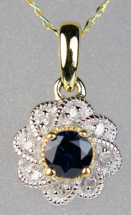 Sapphire & diamond cluster pendant in 9ct yellow & white gold - Dainty sapphire & diamond cluster pendant in 9ct white & yellow gold, suspended from an 18" 9ct yellow gold chain