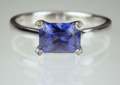 Sapphire & diamond ring in 18ct white gold - Rectangular cushion cut 1.66ct sapphire.  Sapphire is unheated and has an independent report. Set with 4 x 1.2mm diamond rounds in a simple 4 claw setting in 18ct white gold. 