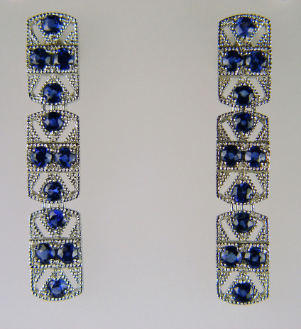 Art Deco style sapphire earrings in platinum - Earrings in platinum set with 2.90ct of 3mm round cut sapphires. The earrings have ‘Alpha’ loss-proof posts and butterflies.