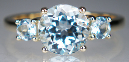 Blue topaz three stone ring in yellow gold - Sky blue topaz rounds, centre stone 8mm round, claw set in 9ct yellow gold ring