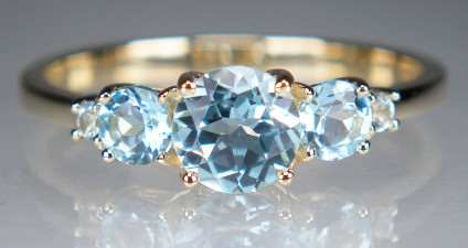 Sky blue topaz five stone ring in yellow gold - 5.5mm round central sky blue topaz flanked by four smaller round cut blue topaz stones, claw set in 9ct yellow gold ring