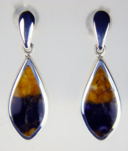 Blue John earrings in silver - Interesting two tone Blue John (derbyshire fluorspar) marquise vt pair set in silver as drop earrings. Earrings are 25 x 8mm.