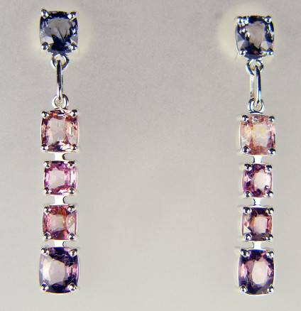 Spinel drop earrings in silver - 7.82ct of cushion cut Burmese spinels in sweet pea colours and set in silver