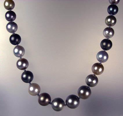 Tahitian Pearl Necklace - Tahitian pebble-coloured pearl necklace with brushed steel and cubic zirconia magnetic clasp. Pearls are lovely quality in soft natural colours, they are 11-13mm in diameter