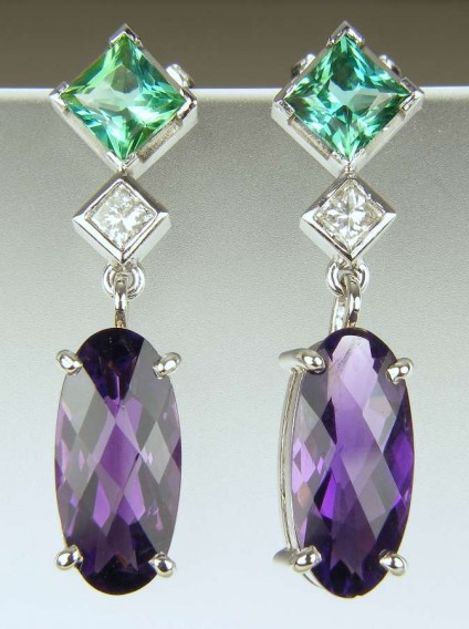 Tourmaline and amethyst earrings - 1.57ct pair of square cut, sea green, Afghan tourmalines set with a 2 x 3mm princess cut diamonds in D colour VS clarity, with a 5.76ct pair of oval harlequin cut amethysts (mounted as detachable drops) in 18ct white gold.